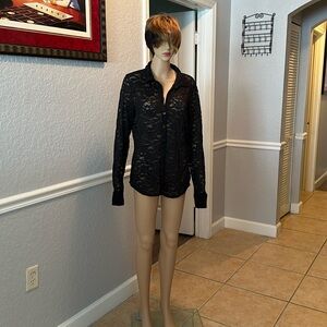 New Moda international women’s lace, see-through shirt, long sleeve shirt